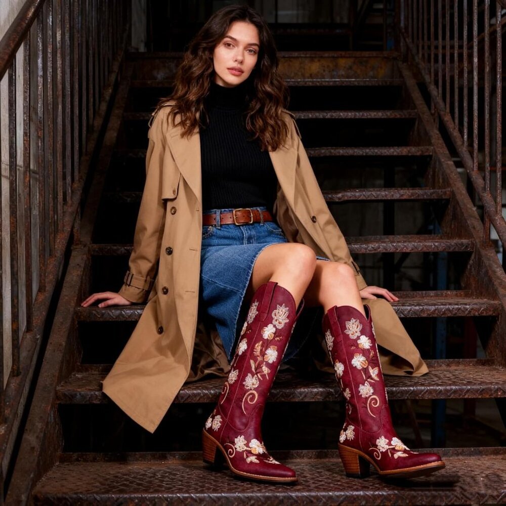 Women's Burgundy Cowboy Boots Knee High Floral Embroidered Western Boots Pull On - Picture 6 of 6